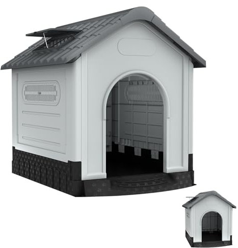 Aufun Haustierhütte Kunststoff Outdoor, Wasserabweisend isoliert Hundehaus Unterschlupf, obuste Hundehütte mit Lüftungsgitter und erhöhtem Boden, Oberlicht,Für draußen und drinnen,105x89x99cm, Grau