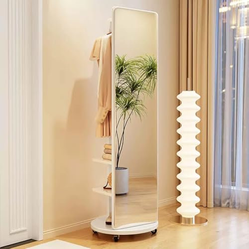 Miroir Pleine Longueur avec roulettes, 2 en 1 Miroir de Sol et Porte-Manteau, Miroir sur Pied Mobile et Pivotant à 360° pour Salon, Chambre, Vestiaire