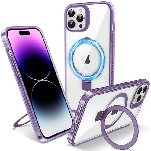 Flyzoo Magnetic Kickstand Case for iPhone 14 Pro, [Compatible with MagSafe & Invisible Ring Stand Holder] [Non-Yellowing & Shockproof] Clear Transparent Hard Silicone Edge Cover, 6.1'', Clear Purple