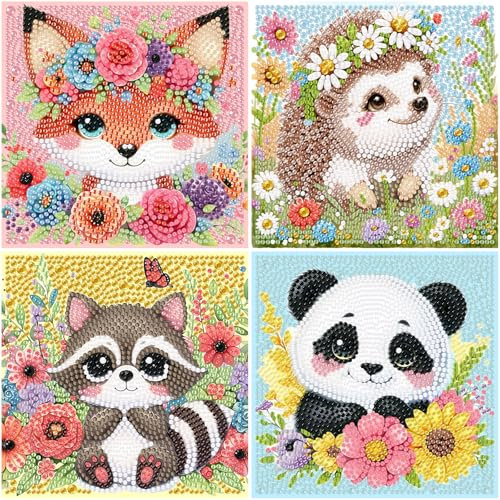 4er Set Diamond Painting Kinder Tiere,Panda Igel Waschbär Fuchs Diamant Art Bilder Kinder,Tiere Diamond Painting ab 4 6 8 10 12 Jahren(15x15cm)