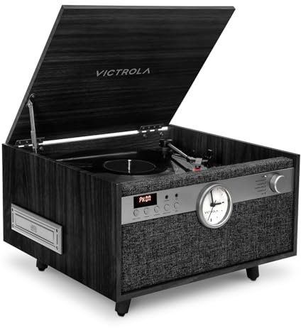 Victrola VTA-835SB-BLK Century Signature+ Centre Musical Bluetooth 6 en 1 avec Horloge et Pieds Noir