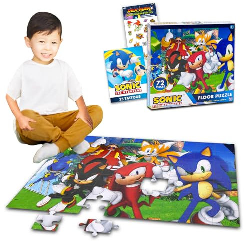 Sonic the Hedgehog Floor Puzzle for Kids Set - Bundle with 72 Piece Sonic Floor Puzzle, Stickers, Tattoos, More | Sonic Jigsaw Puzzles for Kids Ages 4-8