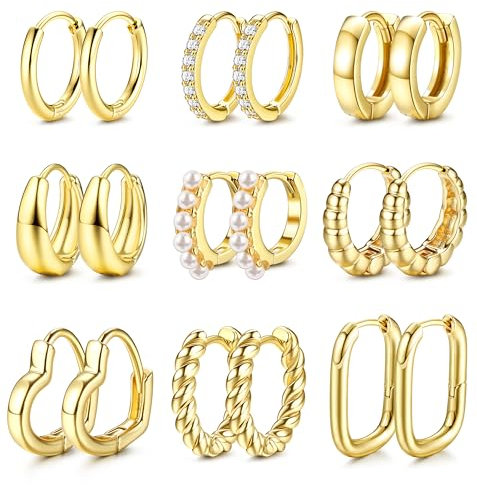MILACOLATO 9 Paare Creolen Ohrringe Damen 14k Echt Vergoldete Hypoallergene Chunky Set Leichte Kleine Silber/Gold Stapelbare Wasserfest-G