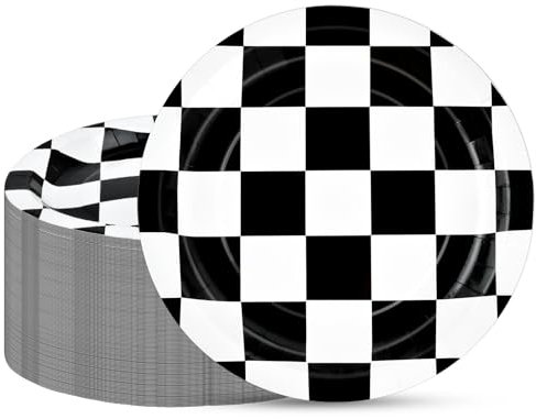 Aemygo 100 Pack Race Car Paper Plates, 9 Black and White Checkered Flag Paper Plate Disposable Round Dessert Dinner Plates for Racing Car Party, Race Fans Kids Birthday Tableware