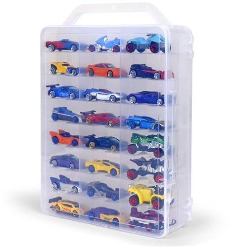Darice Double-Sided Portable Organizer for 48 Cars - Clear Mini Toy Case with Easy-Carry Handle - Hot Wheels, Matchbox Cars Storage Box