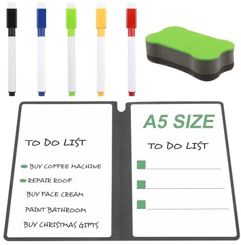Mini Whiteboard A5 Whiteboard Klein 34 x 24 cm, Wochenplaner Abwischbar mit 5 Magnetischer Stift & 1 Grün Radiergummi, Faltbare Lederschale Abwischbares White Board für Zuhause, Büro, Schule - Schwarz