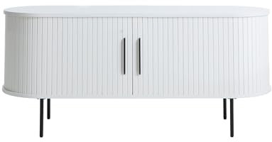 Liadomo Uriel Lowboard - Kommode mit Lamellen-Optik Schiebetüren - Moderner Retro Look - 2 Einlegeböden & hohe Metallfüße - Eiche White Furniert 120x56x40cm