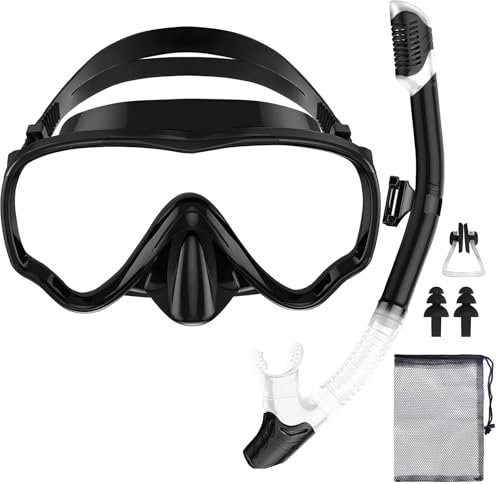 POWZOO Schnorchelset Erwachsene, Schnorcheln Set mit Taucherbrille und Dry Schnorchel, Anti-Leck Anti-Fog Tauchmaske aus Gehärtetem Glas für Schnorcheln, Schwimmen und Tauchen(Schwarz)