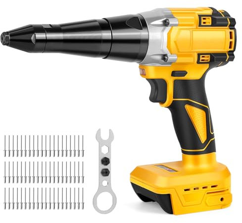 Rivettatrice a batteria compatibile con batteria Dewalt da 20 V (senza batteria), pinza rivettatrice elettrica professionale senza spazzole con luce LED, 3 adattatori, 60 rivetti e chiavi inglesi per