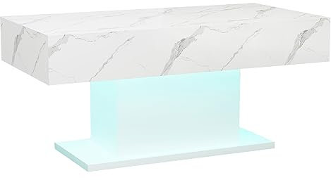 radelldar Couchtisch Wohnzimmertisch Hochglanz, Sofatisch mit LED Beleuchtung modern für Wohnzimmer, 110x55x50cm/USB (Weißer Marmor)