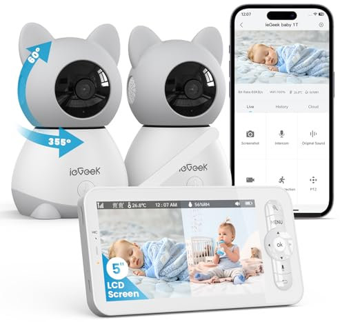 5 Split-Screen Baby Monitor with 2 Cameras and Night Vision, 2K Video Baby Camera, Two-Way Talk, Cry & Motion Detection, Temper& Humidity Sensor, PTZ, Remote Control via Screen and Free APP