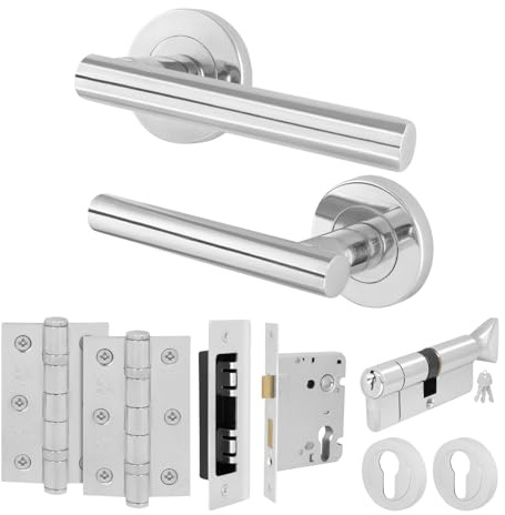 EAI Polished Chrome Door Handle Euro Lock Turn Cylinder Kit - Oliena | Complete Kit with 1 Pair of Door Handles, 78mm Euro Lock, Turn Cylinder, 76mm Hinges and 2 Escutcheons, Fixings Included