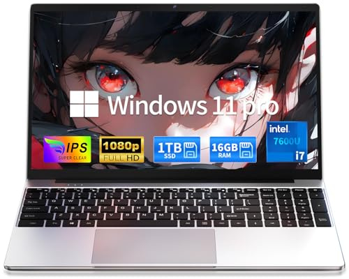 MOONFISH i7 7600U 15,6 Zoll Laptop, 16GB DDR4 RAM, 1TB SATA SSD, 11 Pro, FHD 1920x1080 IPS Display, Silber, Tastatur mit Hintergrundbeleuchtung, leicht 1,6kg