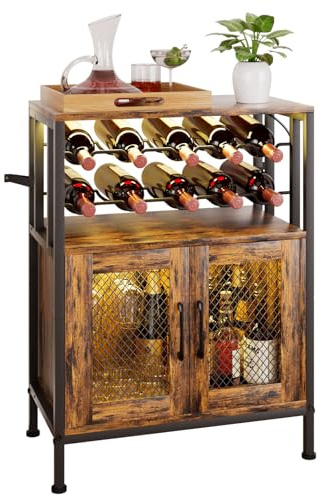 Yorbay Weinschrank Industrial mit LED Beleuchtung: 10 Flaschen und 6 Gläser | Barschrank aus Metall und Holz mit Gittertür und Kippschutz - auch als Kaffeebarschrank für Küche Esszimmer nutzbar