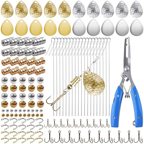 Fishing Spinner Lure Making Kit,141pcs Inline Spinner Making Supplies Kit DIY Spinnerbaits Accessory Pliers Spinner Blade Clevis Wire Shaft Treble Hooks Beads Fishing Spoon Rigs Tackle Set