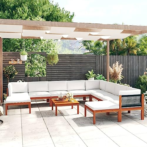 Ziaphsol Salon de jardin 11 pièces en bois d'acacia et corde, couleur crème, résistant aux intempéries, avec coussin, pour jardin, balcon