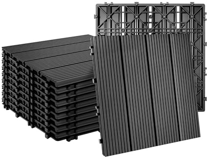 Relaxdays WPC Decking Tiles, 11 pcs, 30x30 cm, Balcony & Terrace, Weatherproof, Click System, Anthracite