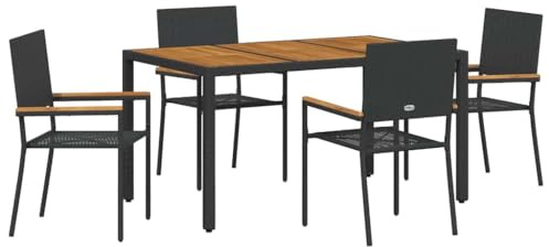 SDWEHBJ Gartenmöbel Set 5-TLG, Sitzgruppe Garten Lounge 4 Stühle mit 1 Tisch, Terassenmöbel Außen Balkonmöbel Set Gartengarnitur Sitzgarnitur Garten Essgruppe, Schwarz und Holz Poly-Rattan