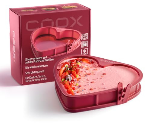 coox Herzform mit Glas-Servierplatte Ø 23 cm - Backen & Servieren in Einem I Antihaft-Silikon I Spülmaschinenfest I Kein Umsetzen I BPA-frei Dunkelrot