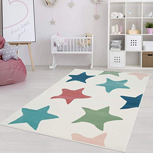 carpet city Kinderteppich Flachflor Inspiration mit Sterne in Pastell Blau Rosa Grün Creme für Kinderzimmer; Größe: 200x290 cm inp-5813-multi-200x290 Multi