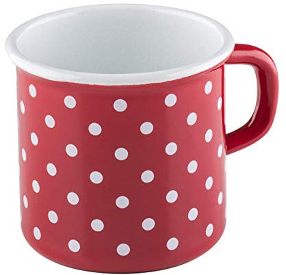 Riess, 0221-077, Emaille Topf mit Bördel, Kaffeebecher, Durchmesser 8cm, 0.375 Liter Inhalt, 3/8 Liter, LBH 11,1x8,8x8,4cm, Gew. 0,192kg (PÜNKTCHEN ROT)