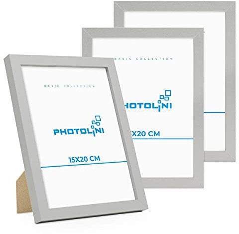 PHOTOLINI Cadre 15 x 20 bois MDF argenté, lot de 3 cadres photo pour posters et affiches, verre acrylique incassable, décoration murale à suspendre & à poser, avec accessoires supplémentaires