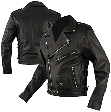 WinNet Giacca modello chiodo di pelle in stile moto custom vintage con protezioni removibili (2XL)