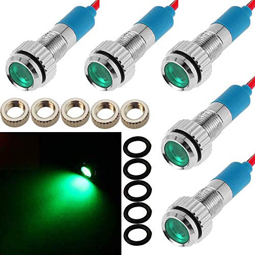 CESFONJER 5 stücke 8mm 1/4 LED Metall Anzeigelampe 12 V Wasserdichte Signallampe Für Universal Autos, Van, lkw, boote, modellautos, ferngesteuerte autos (Grün)