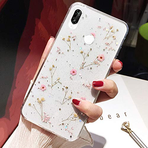 Glitzer Hülle für Huawei P20 Lite Hülle,Bling Glänzend Glitzer Kristall Bunte Getrocknete Blumen TPU Silikon Handyhülle Schutzhülle Schutz Handy Hülle Case Tasche für Huawei P20 Lite Hülle,Rosa
