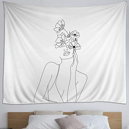 Awesocrafts Wandteppich, Frau mit Blume, minimalistische Linienkunst, Wandteppiche für Schlafzimmer, Studie, Wohnheim, Wohnzimmer, Wanddekoration, Kunst (Frau, 129,5 x 149,9 cm)