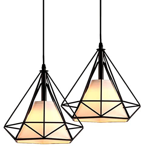 STOEX Lustre Suspension industrielle 25cm forme Diamant, Lampe de Plafond Abat-Jour Corde ajustable (2pcs Noir)