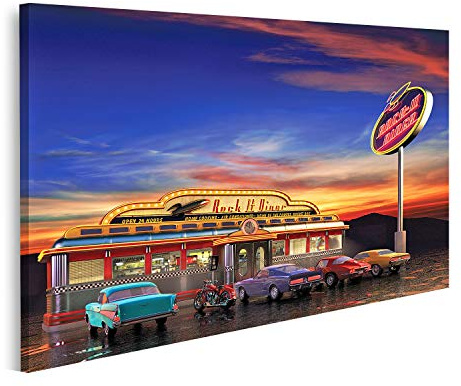 islandburner Bild auf Leinwand Retro American Diner bei Sonnenuntergang Bilder Drucke x Wohnzimmer