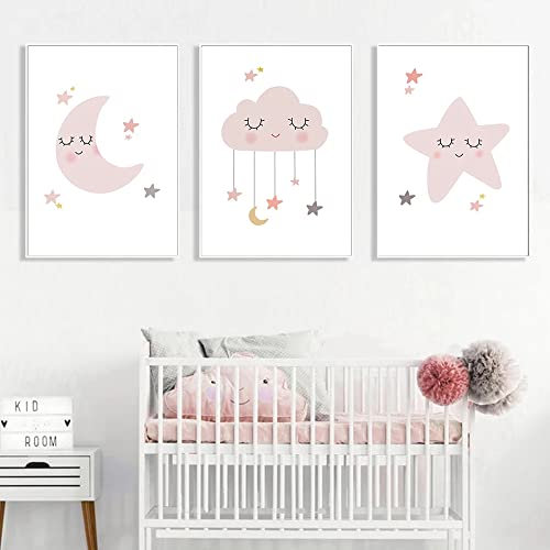 Youihom 3 Bilder Mädchen Zimmer Rosa Boho 30 x 40 cm Bild auf Leinwand kinderzimmer Mond Sterne Wolken Wandbilder Babyzimmer Kunstdrucke Kinder Geschenk ohne Rahmen