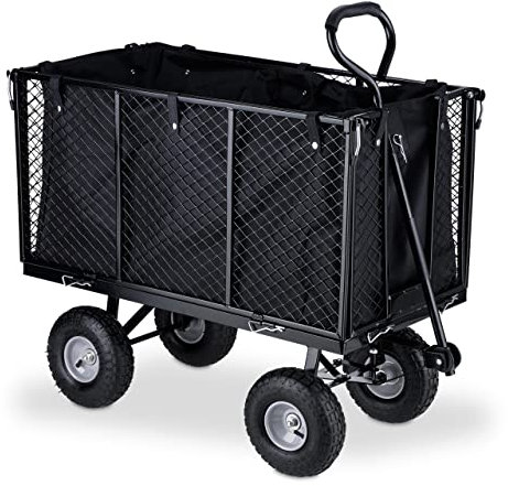 Relaxdays Handwagen, großer Bollerwagen, klappbare Seitenteile, herausnehmbare Plane, Griffe, 500 kg, schwarz-grau