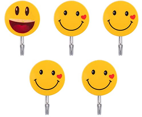 Qccige Selbstklebender Haken Smiley Haken Selbstklebender Wandhaken Selbstklebend für Küche Badezimmer Wand- und Deckenaufhänger - 5er Pack