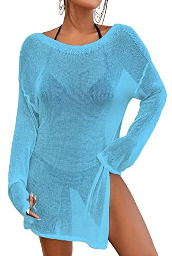 Bsubseach Crochet Beach Cover Ups für Bademode Frauen Mesh Top Sheer Badeanzug Coverup Blau