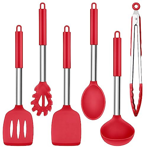 Herogo Kitchen Utensils Set, 6 Piece Silicone Cooking Utensil Set, Heat Resistant Stainless Steel Handle Cooking Tools, Non-Stick Silicone Spatula Turner Spoon Set, Easy to Clean, Red