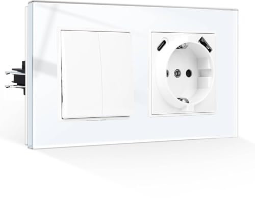 CNBINGO Interruptor de luz con enchufe USB empotrado – Enchufe Schuko de cristal con puerto USB-A y tipo C (máx. 2,1 A total), cristal templado enchufe con abrazadera de enchufe – 2 tomas de 1 vía