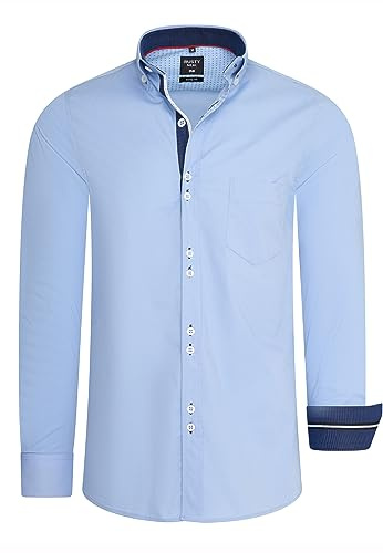 Freizeit Herren Hemd mit Ausgefallenem Knopf-Design und Eleganten Kontrast Elementen Body Fit Langarm Kent Kragen Stretch-Hemd 025