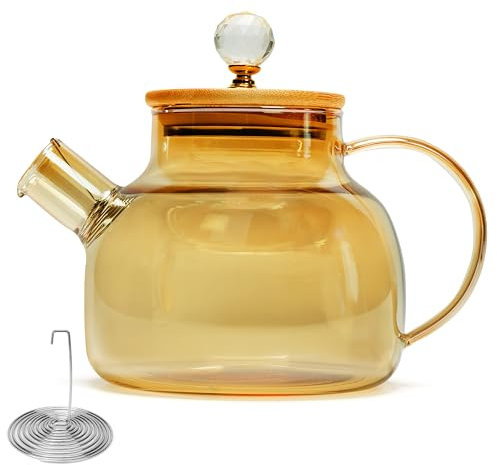 Belle Vous Theiere Verre avec Couvercle en Bambou - 1 l Verre Borosilicaté avec Filtre Amovible - Theiere en Verre avec Bec Verseur pour Thé en Feuille/Thé Floral & Thé aux Fruits
