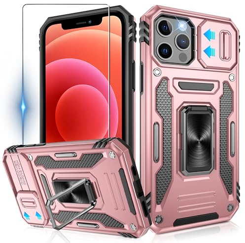 Jshru [Upgrade] Case for iPhone 12/12 Pro with Slide Camera Cover and Ring Kickstand, Military Grade Shockproof Armour Phone Cover - Rose Gold