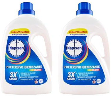 Napisan Detersivo Lavatrice Liquido Igienizzante Capi Colorati, 2 Confezioni da 2 l da 80 Lavaggi di Detersivo Lavatrice Liquido
