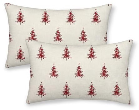 AGAYNA Christmas Pillow Covers 12x20 Christmas Tree White Red Decor Throw Pillows Case for Couch Winter Xmas Indoor Outdoor Decorative Cushion Cases for Sofa Bed Decorations Set of 2
