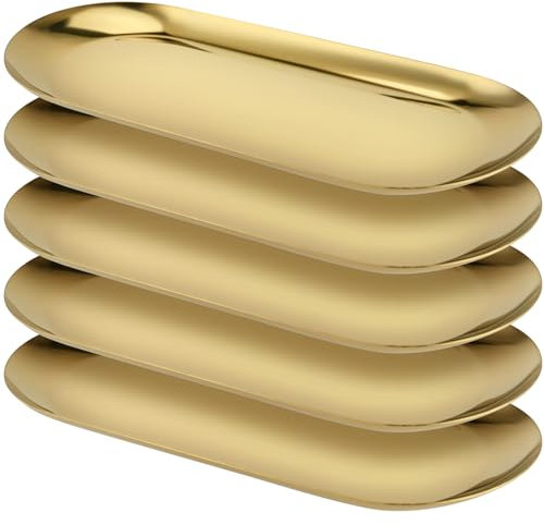 YUENPUN 5 PCS Gold Oval Mirror Trays, Stainless Steel Jewellery Trays, Vanity Tray for Makeup, Jewellery, Small Item Organising, 23 x 9cm