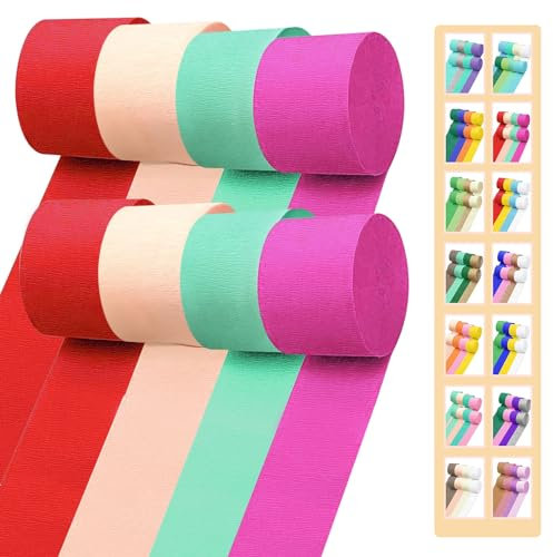 Krepppapier-Luftschlangen, 199,9 m, 8 Rollen, Rot, Rouge, Minzgrün und Fuchsia, Party-Luftschlangen für Geburtstag, Hochzeit, Babyparty, Brautparty, Dekorationen, Weihnachten, Bastelbedarf (4,6 cm x