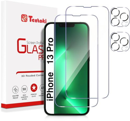 Tentoki - Protector de pantalla y cámara trasera protectora para iPhone 13 Pro, 2,5 D, sin burbujas de aire, resistente a arañazos, dureza 9H, ultra transparente