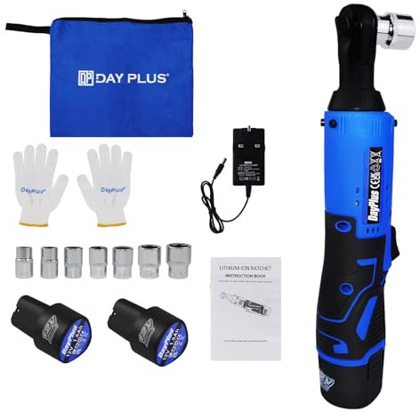 DayPlus Set di chiavi elettriche a cricchetto da 12 V, con 2 batterie agli ioni di litio da 1,5 Ah e caricatore rapido, azionamento da 3/8, 2300 giri/min, chiave elettrica a cricchetto da 40 Nm con 7