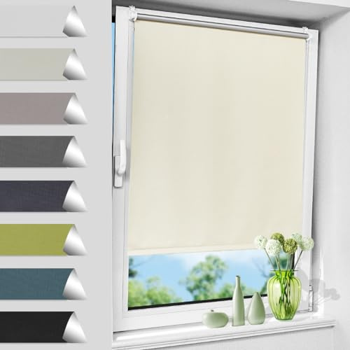 Allesin Verdunklungsrollo ohne Bohren, Fenster rollos für innen, 100% verdunkelungsrollo,Beige B75 x H210 cm, Thermorollo Hitzeschutz, Klemmrollo lichtundurchlässig für Fenster