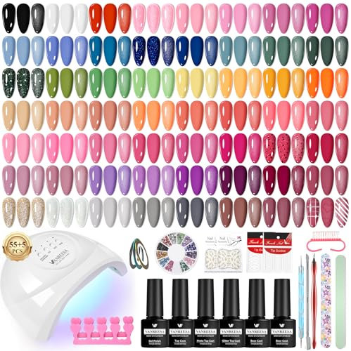 VANREESA 55 Colours Kit Verni Semi Permanent, 77 PCS Kit Ongle Gel U V Complet avec Top Base Mat Pailleté Coat et Lampe LED 48W U V et Outils de manucure, Kit Manucure pour Débutants