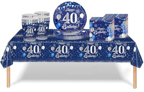 53Pcs Navy Blue and Sliver 40th Birthday Party Tableware Decorations,40th Birthday Table Cloth Plates and Napkins Cups Sets for Women Him Men Birthday Table Decor for 40th Birthday Gifts Dinnerware